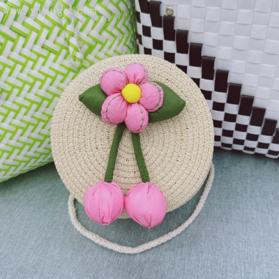 Summer and Summer New Straw Bag Women's Bag Mobile Phone Bag Beach Bag Cute Flowers round Bag Hand-Woven Bag Wholesale