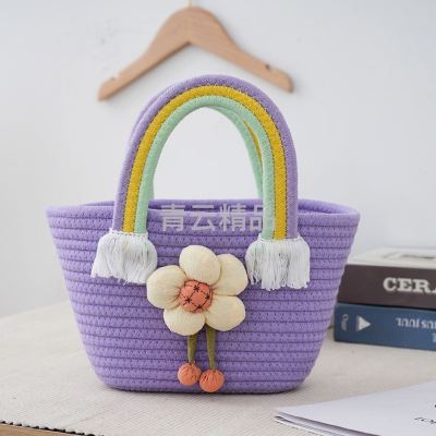 Rainbow Flower Wedding Companion Gift Bag Cotton Braided Portable Storage Basket Seaside Vacation Beach Portable Small Basket