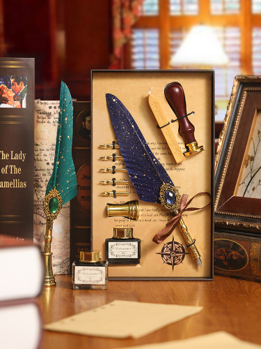 厂家直销魔法宝石羽毛笔欧式复古蘸水钢笔套装羽毛钢笔火漆套装