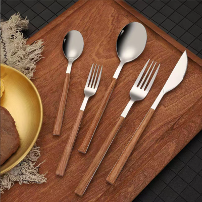 Stainless Steel Spoon Knife and Fork Western Food Tableware Set Thickened Creative Wood Grain Steak Knife, Fork and 
