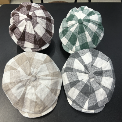 Autumn and Winter New Style Beret Children's Face-Looking Small Literary Newspaper Bay Hat Big Head Circumference Painter Cap Warm Plaid Octagonal Cap