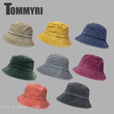 Hong Kong Style Retro Washed Denim Fisherman Hat Couple Fashion Distressed Short Brim Basin Hat Solid Color Japanese Style All-Matching Spring and Autumn