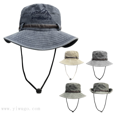 Alpine Cap Mountain Women's American Retro Washed Bucket Hat Men's Outdoor Fishing Sun Protection Hat Western Denim Hat