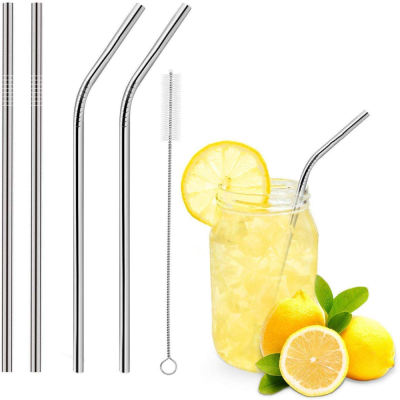 Reusable BPA-Free Metal, Thick, Long, Dishwasher Safe Stainless Steel Drinking Straws, 8.5 Inches (2 Bend and 2 Straight and 1 Cleaning Brushes) (1 Set)