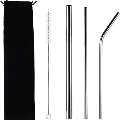 tainless Steel Straw Set with Cleaning Brush, Bend Straw, Long Straw, Smoothie Straw, Cleaning Brush with Carry Pouch. (Silver)