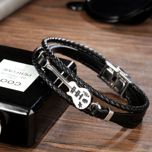 钛钢饰品源头工厂男士小提琴手链真皮手镯音乐音符手环简约潮欧美