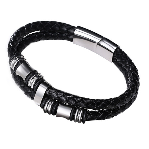 工厂直销 不锈钢皮手链 男士皮钛钢手镯 磁扣真皮 跨境热销饰品