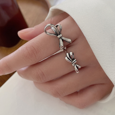 Bow 925 Silver Ring Non-Fading Niche Open-End Personality Ring Retro Internet Hot Pure Silver Ring Women Wholesale