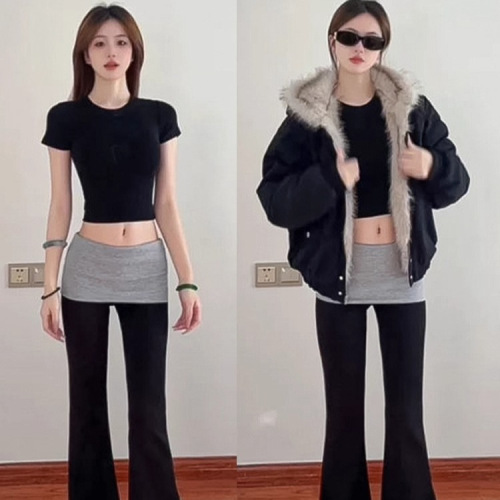 黑色拼接喇叭裤女春秋2025新款高腰收腹显瘦美式瑜伽微喇运动卫裤