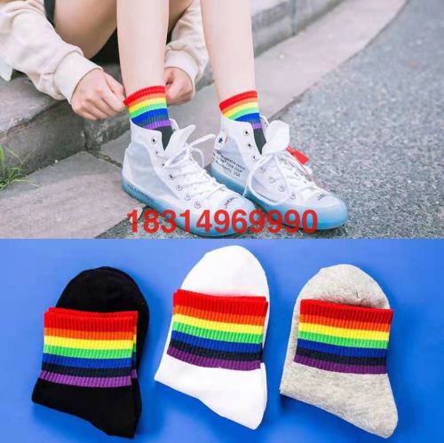 Rainbow Socks Athletic Socks Striped Socks Lovers‘ Socks High-Gluten Athletic Socks Autumn and Winter Cotton Socks Stall Socks