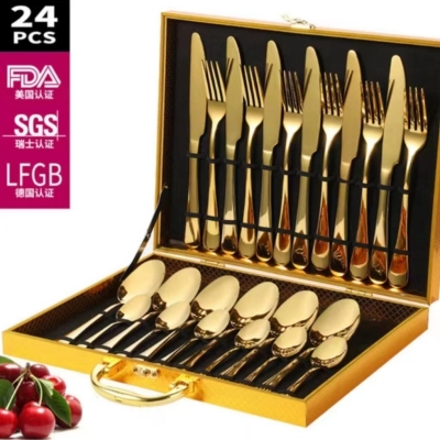 Golden Knife and Fork Western Tableware Western Food Knife and Fork European-Style Full Set Household High-End Gift Set Wooden Box 24-Piece Set