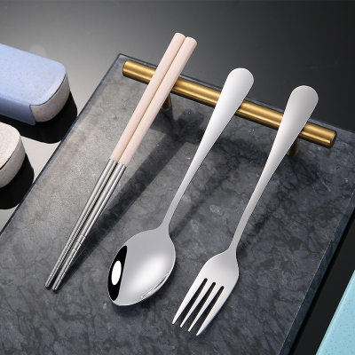 Outdoor Portable Stainless Steel Tableware Set Ins Student Chopsticks Spoon Fork Three-Piece Gift Printing Logo