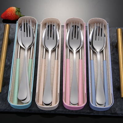 Stainless Steel Spoon Fork Chopsticks Sets Environmental Protection Tableware Three-Piece Set Student Outdoor Portable Tableware Printable Logo