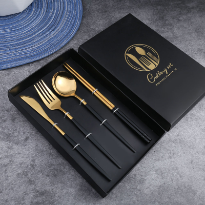 Stainless Steel Steak Knife, Fork and Spoon Chopsticks Gift Box 4-Piece Set Creative Gift Western Food Knife, Fork and Spoon Tableware Gift Set