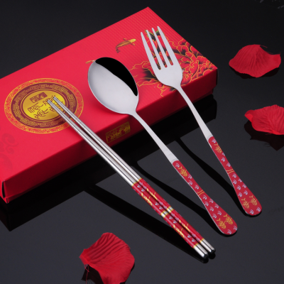 Stainless Steel Chopsticks Spoon Fork Tableware Three-Piece Suit Opening Event Small Gift Small Gift Wholesale