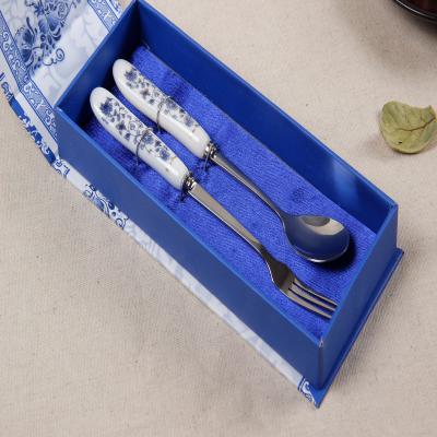 Blue and White Porcelain Stainless Steel Tableware Creative Gift Spoon Fork Gift Box Two-Piece Set Wedding Favors Gift