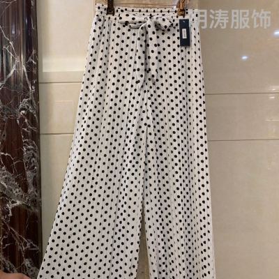 European Goods Elastic High Waist Lace-up Wide-Leg Pants for Women 23 Summer Thin Western Style Slimming Cotton Hemp Polka Dots Straight Casual Pants