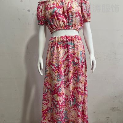 off-Shoulder Dress 2023 Floral Tight Waist Slimming Sense of Design Niche Ruffled Suspender Dress Summer