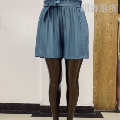 Foreign Trade Original Order Summer New Slimming Versatile Solid Color Fungus Elastic Lace Curling Denim Wide Leg Shorts