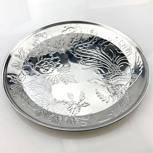 high quality magnetic disc stainless steel disc fruit tray embossed phoenix pattern beveled edge plate fruit pastry dinner plate