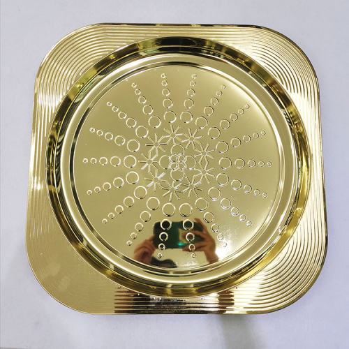 supply 410 stainless steel square plate with magnetic snowflake pattern embossed round plate fruit pastry plate gold plated