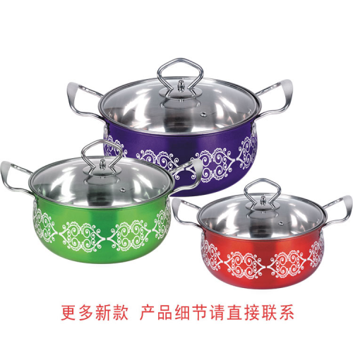 foreign trade high quality stainless steel pot colorized decorative design glass lid soup pot color arc three-piece pot mixed pot