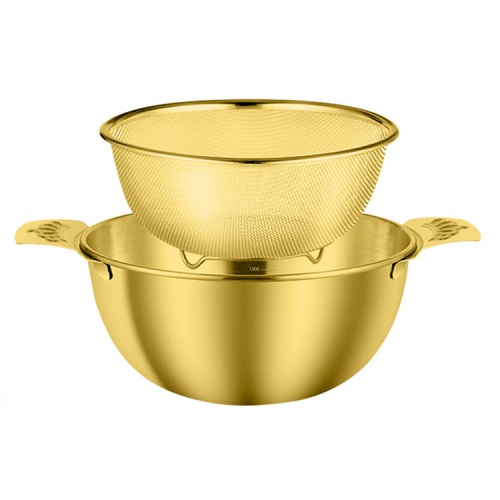 Stainless Steel with Ears Stainless Steel Basin Screening Mesh Set Natural Color Golden Binaural Basin Kitchen Household Multi-Purpose Basin Sieve