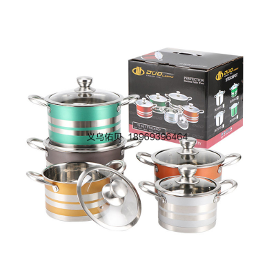 Stainless Steel Pot 10-Piece Milk Pot Hot Pot and Soup Pot 18-26cm 10 Pcs Set Tube Ear Double Bottom Straight Angle Pot