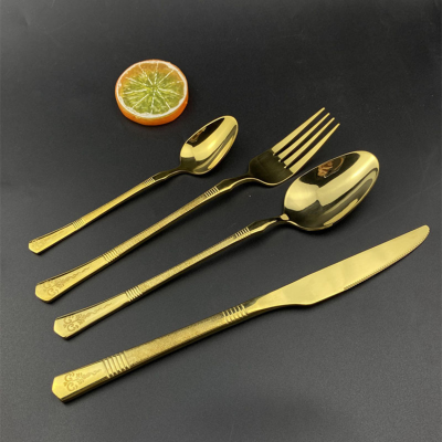 Gold-Plated Laser Pattern Meal Knife, Fork and Spoon Tea Spoon Coffee Spoon Suit Stainless Steel Gold  Fork and Spoon