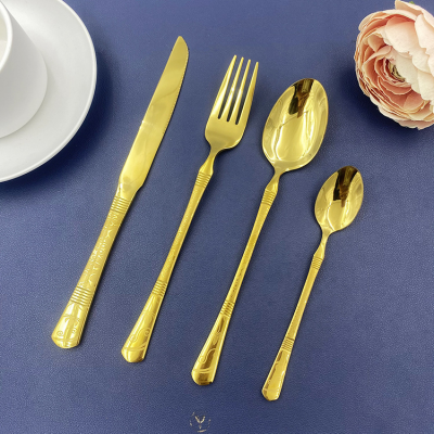 Stainless Steel Golden Knife, Fork and Spoon Tableware Gold-Plated Laser Pattern Meal Tea Spork Coffee Spoon