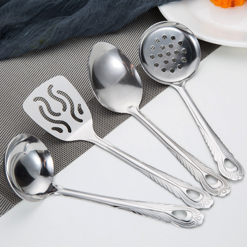 410 high-quality stainless steel phoenix tail large drain suit kitchenware household spatula soup spoon serving spoon flat drain 4-piece set