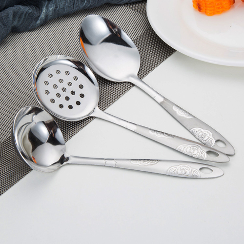 african hot sale 410 material stainless steel hot pot spoon sandblasting pattern ladel serving spoon flat bottom leakage three-piece set