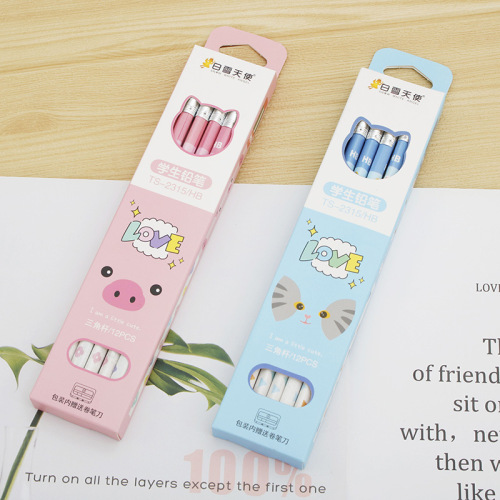 卡通HB学生铅笔12支送卷笔刀带橡皮一年级三角正姿书写笔厂家批发