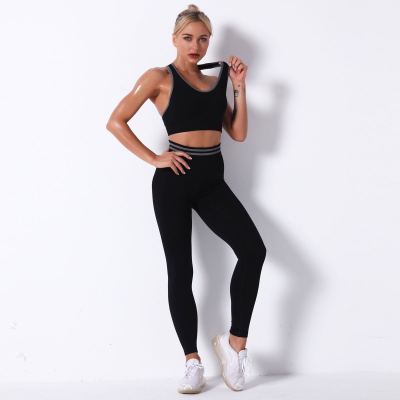 Amazon Cross-Border New Arrival Knitted Seamless Striped Shaping Yoga Clothes Women's Sports Fitness Running Sports Two-Piece Suit
