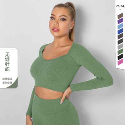 European and American Trend New Seamless Knitted Low Collar Yoga Long Sleeve Tight High Waist Sports and Fitness Shorts Suit for Women