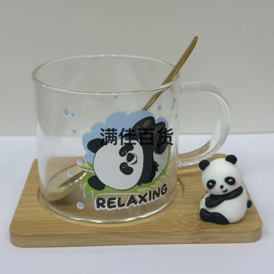 Cartoon Panda Glass Office Water Glass Cute Good-looking Panda Pattern Glass and Glass Saucer