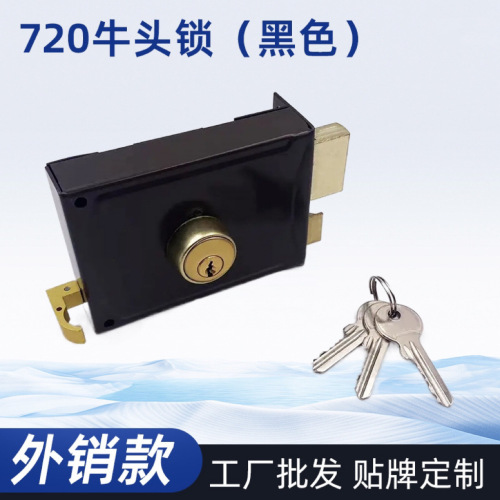厂家直供外贸品质720黑色牛头锁 老式外装门锁家用木门铁门防盗门