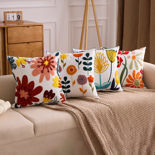 新款跨境花卉毛巾刺绣抱枕套床头靠垫沙发车客厅靠枕靠背腰可含芯