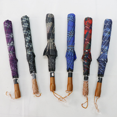 Umbrella Two-Fold Automatic plus-Sized Reinforced Golf Checkered Umbrella Cloth Cover Bold Six Angle Rod Imitation Wooden Handle Factory Direct Sales