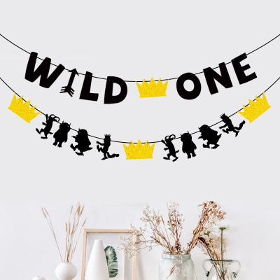 Cartoon Theme Gold Crowns Black Wild One Monster Latte Art Inserts Baby Full-Year Party Decoration