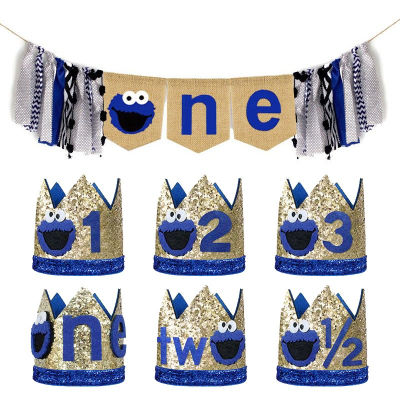 Cookie Monster One Cloth Dining Chair Flag Birthday Hat 123one/Two Sesame Street Baby Full-Year Latte Art Blue
