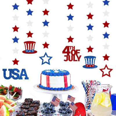USA 4Th of July Glitter Hanging Decoration Party Decoration String Flags Five-Pointed Star Hat Hanging Ornament Pendant