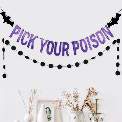 Pick Your Poison Black Wafer Glitter Latte Art Halloween Party Decoration String Flags Bat