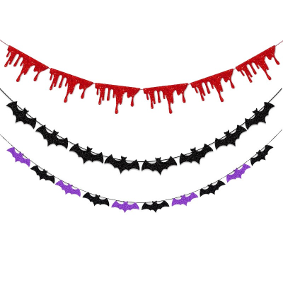 Blood Drop Halloween Party Decoration String Flags Banner Bat Purple Black Glitter Latte Art