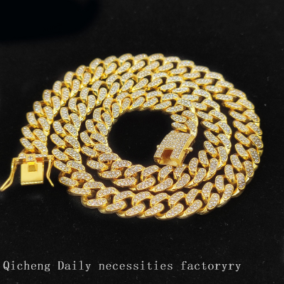 Cuban Link Chain Bracelet European and American Zinc Alloy 12.5mm Wide Gold-Plated Full Diamond Full Diamond Daikin Chain Cuban Link Chain Necklace