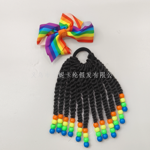 latest horse tail with beads synthetic braid with bow girl multicolor hair piece