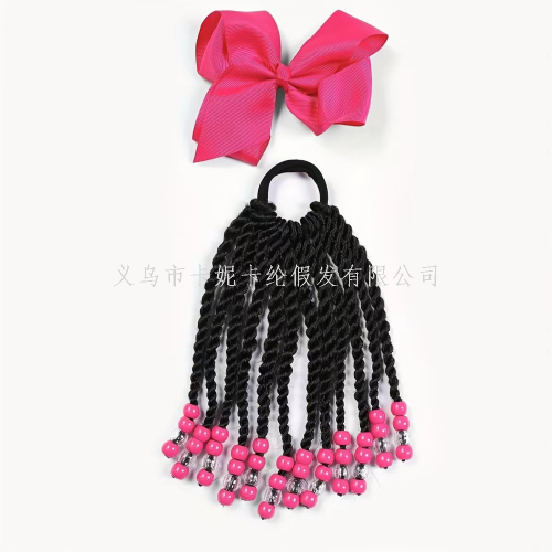 2024 latest horse tail synthetic braid beads with bowknot girl multicolor hair piece
