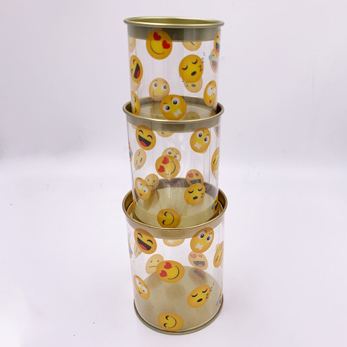PVCPET 圆筒粉扑包装盒马口铁盖圆筒玩具礼品盒笑脸手提茶叶圆桶