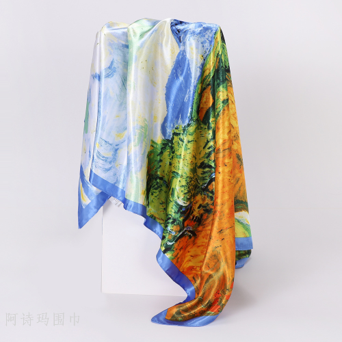 90 * 90cm Square Scarf Women‘s Oil Painting Artificial Silk Satin Autumn and Winter Printed Shawl Scarf Silk Scarf Vintage Wholesale