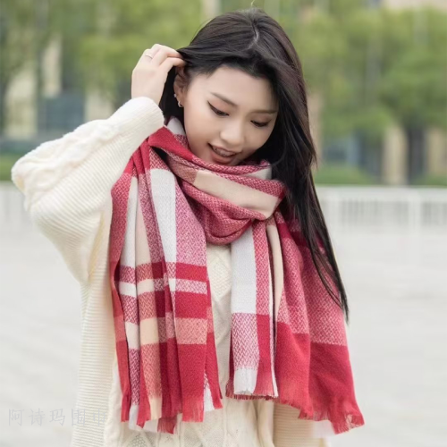 Plaid Scarf Imitation Cashmere 200G Korean Style Fashion Tassel Double-Sided Thermal Autumn and Winter Wild Shawl Scarf Wholesale